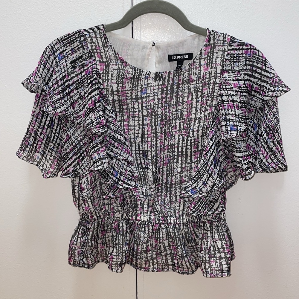 Express Women's Pink & Black Ruffle Short Sleeve Top
